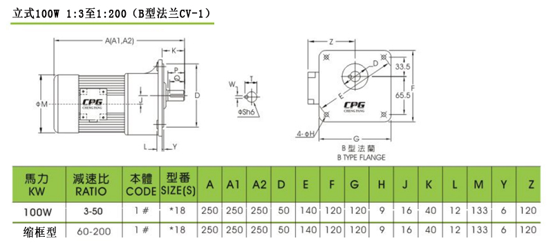 晟邦B型法兰CV-1型齿轮减速马达安装尺寸