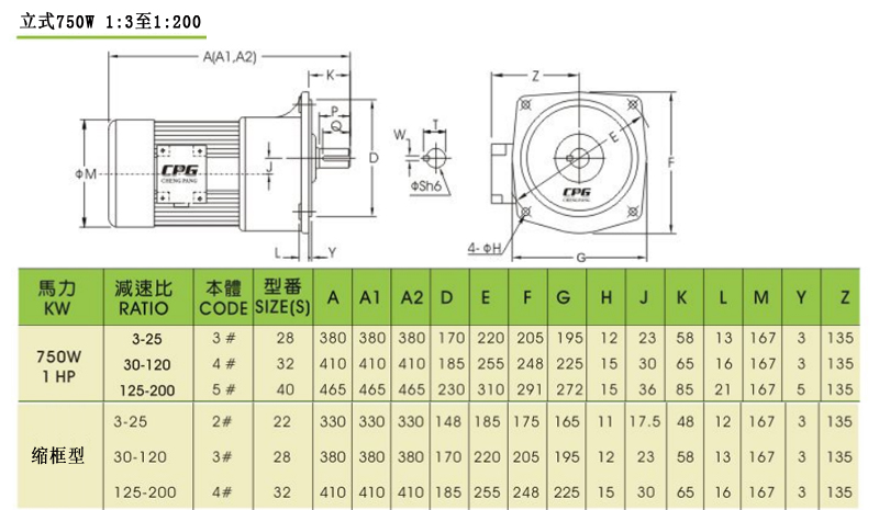 CPG晟邦齿轮减速马达立式750W 1:3至1:200安装尺寸图