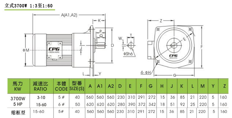 CPG晟邦齿轮减速马达立式3700W 1:3至1:150安装尺寸图