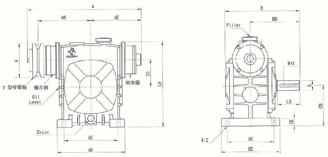 成大蜗轮减速机刹车离合器BCB型的安装尺寸